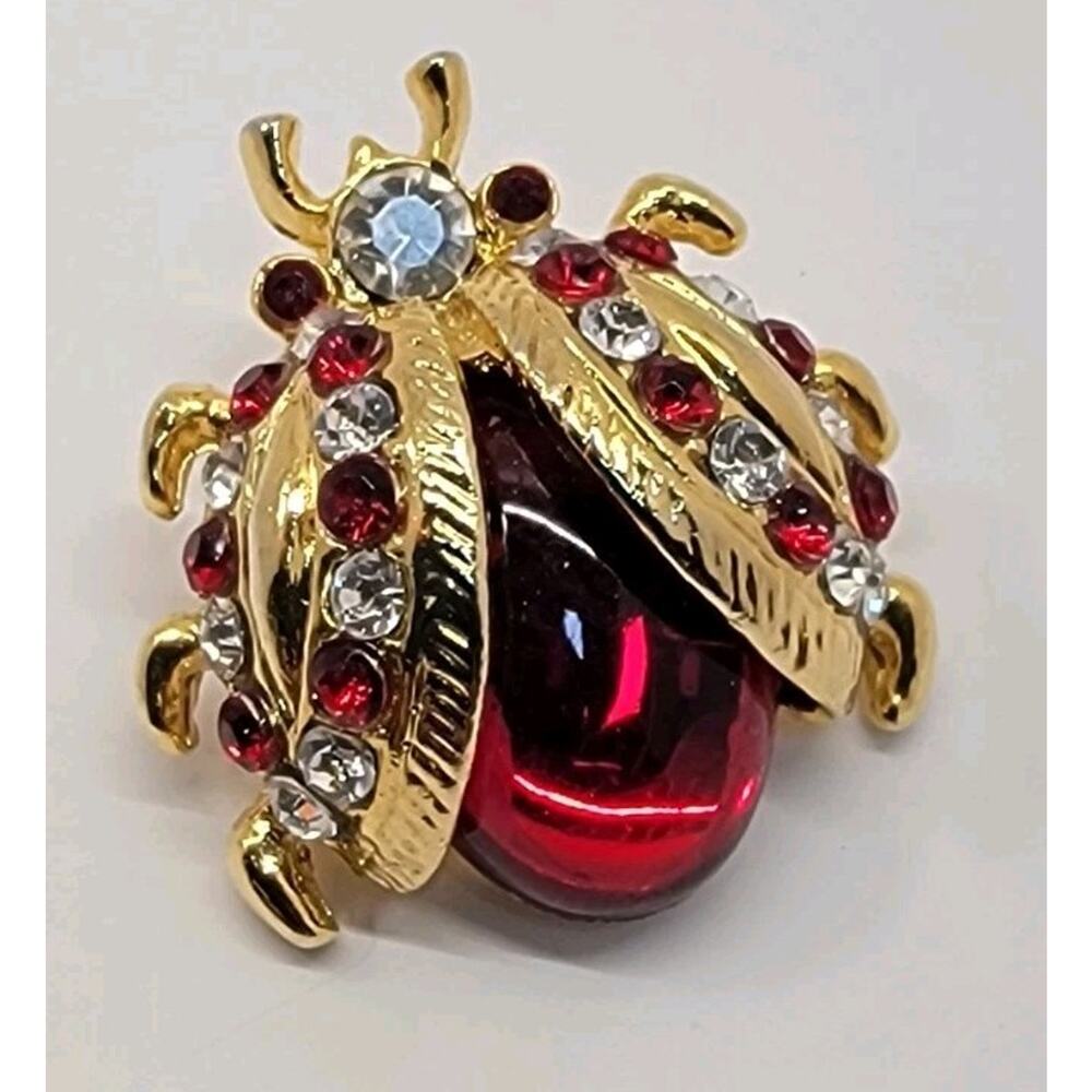 Vintage Red Jelly Belly Ladybug Insect Brooch Pin Rhinestones Gold Tone Estate‎